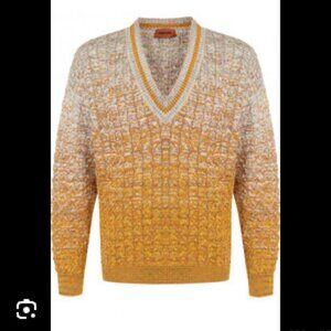 Missoni Long Sleeve V-Neck Knit Ombre Sweater Cotton Blend Pullover Yellow IT 52